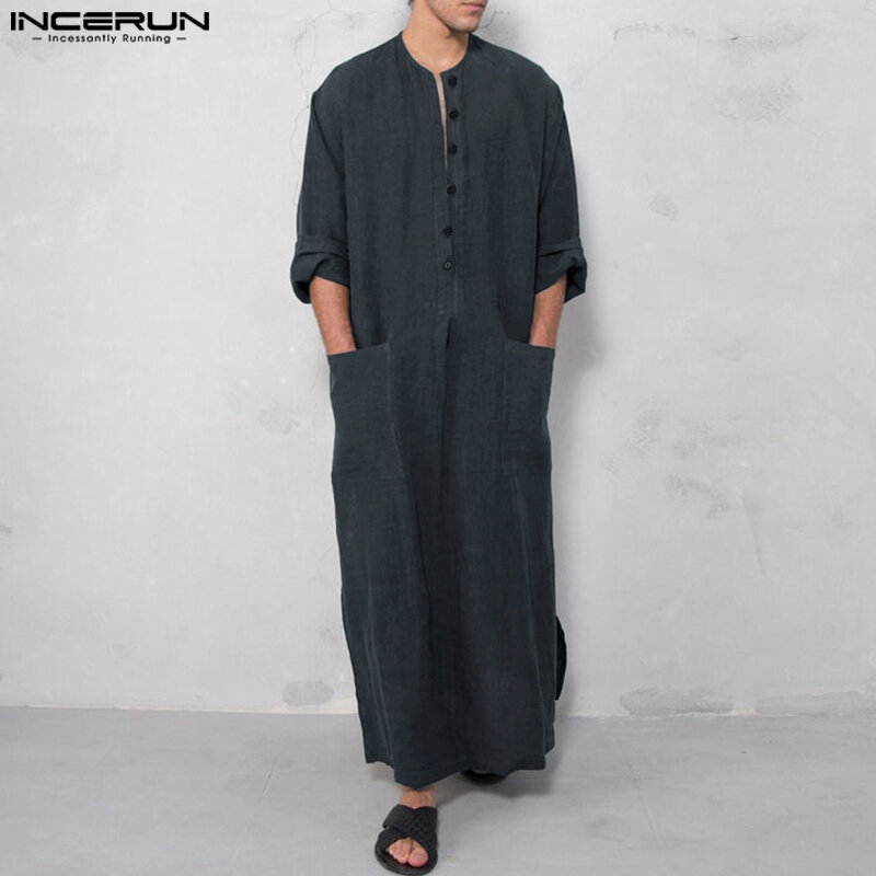 INCERUN 2023 Mens Muslim Style Robe Stand Neck Door Barrel Solid All-match Simple Multi Button Long-style Long Sleeve Robe S-5XL