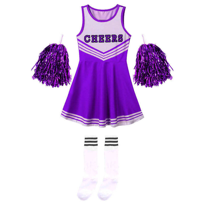 Meisjes Cheerleading Uniform Mouwloze Dans Kostuum Kinderen Cheerleader Outfit Ronde Halslijn Letterprint Jurk Bloem En Sokken