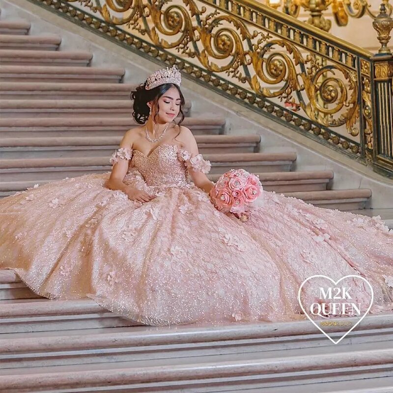 Vestidos de Quinceañera de princesa rosa, vestido de baile sin hombros, encaje brillante, dulce 16, 15 Años, mexicano