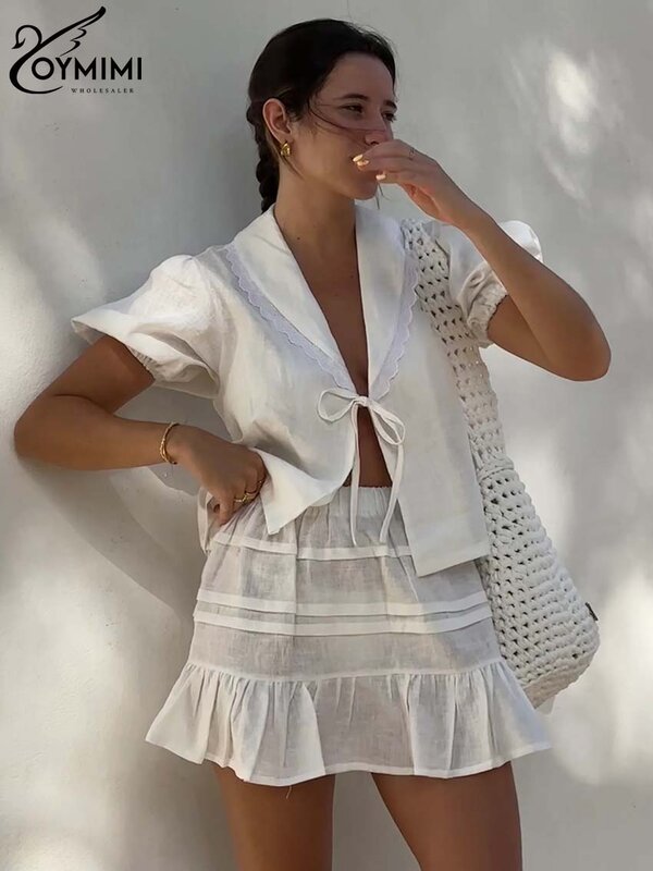 Элегантный белый Хлопковый Женский комплект Oymimi из 2 предметов, Повседневная рубашка с коротким рукавом и шнуровкой и плиссированная мини-юбка, женские комплекты