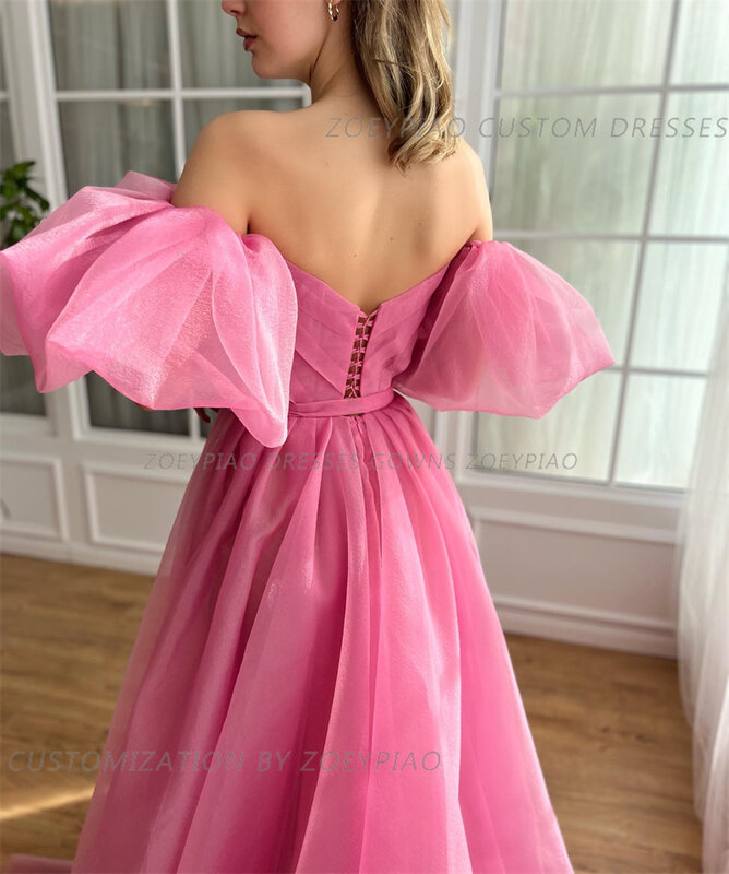 Pink Organza A Line Prom Dresses Short Sleeves Women Off Shoulder Sweetheart Evening Gowns with Bow Occasion Formal Party Dress