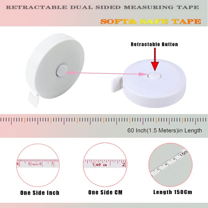 1.5m / 60 inch Soft Tape Measure Double Scale Body Sewing Flexible Ruler for Weight Loss Medical Body Measurement Sewing Tailor