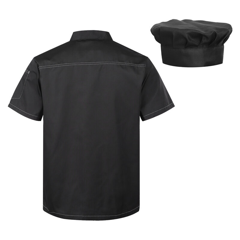 Kemeja koki pria dan wanita, seragam kerja dapur Unisex lengan pendek mantel koki Hotel restoran kantin memasak jaket dengan topi