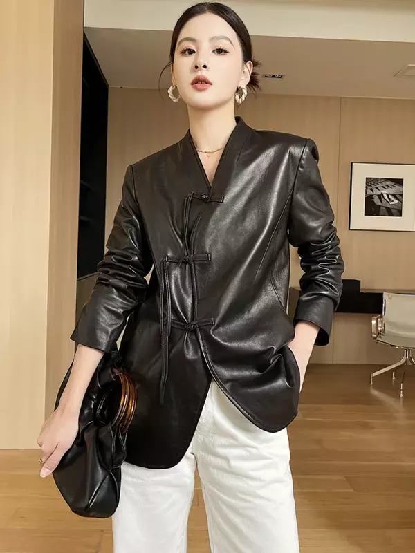 Vintage z dekoltem w szpic prawdziwa skórzana kurtka dla kobiet jesień 2024 nowa prosta jednorzędowa wąska płaszcz z prawdziwej skóry owczej