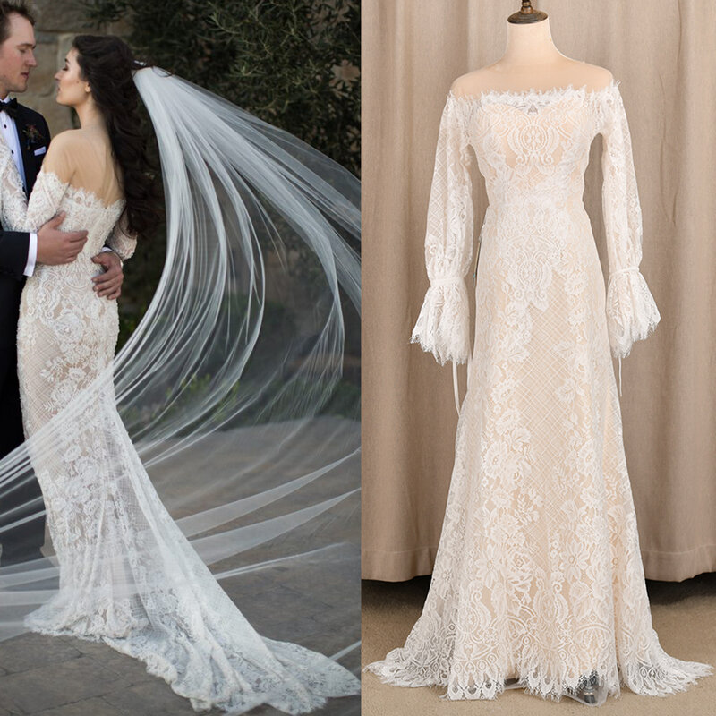 Lange Flare Mouwen Off Shoulder Schede Bloemen Kant Wedding Dress Custom Made Drop Ship Plus Size Rustieke Brush Train Bridal gown