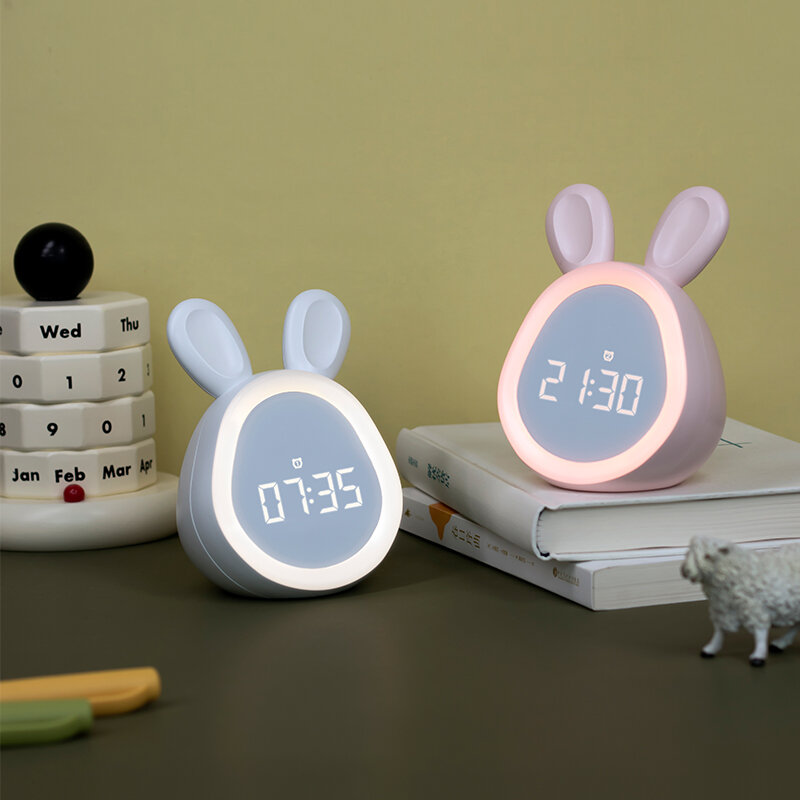 かわいい漫画のウサギ時計ランプ、丸いLEDナイトライト、子供の時間、学生の時間、睡眠、ミニスマートウォッチ