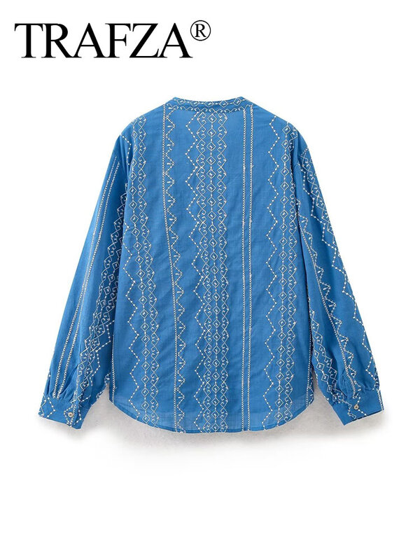 TRAFZA-Blusa feminina fina de peito único, tops de mangas compridas, camisa casual bordada, chique vintage, solta, azul, 2024