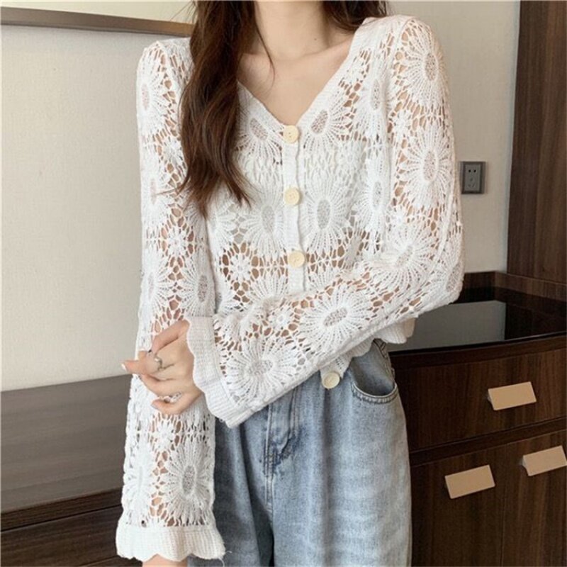 Top Coat All-match Cardigan Short Clothing Women's Embroidered Hollow Long-sleeved Beach Clothes Sunscreen Shirt
