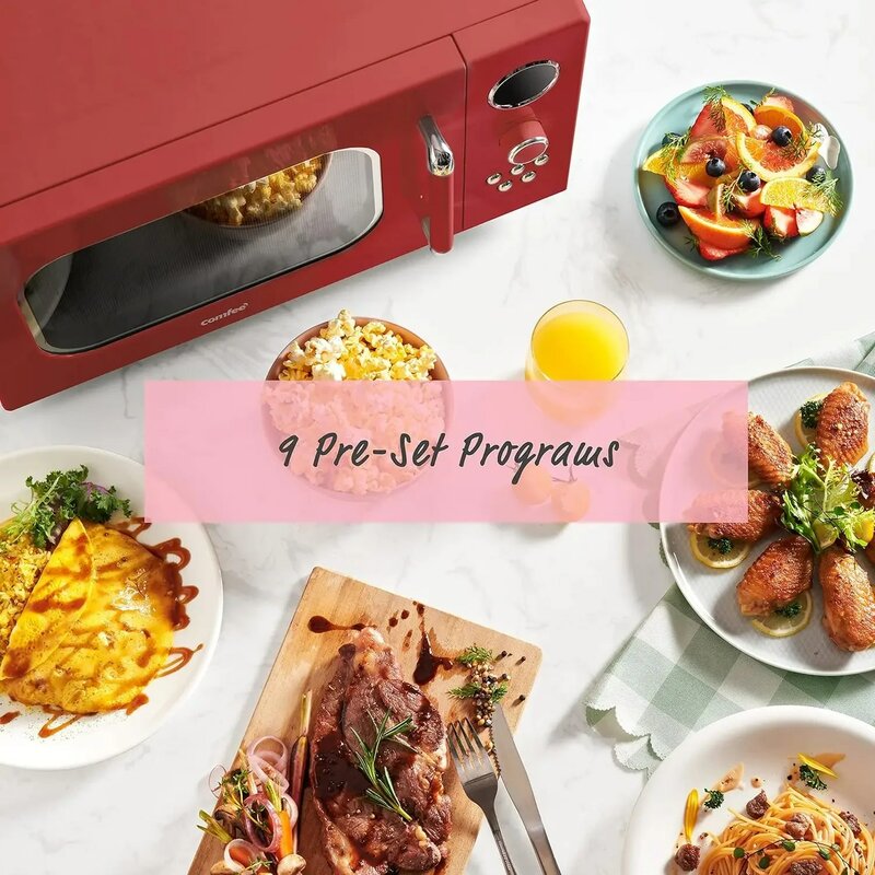 Микроволновая печь в ретро стиле с быстрым многоступенчатым приготовлением пищи, поворотный стол с функцией сброса кухонного таймера, функция отключения звука 900w, красная