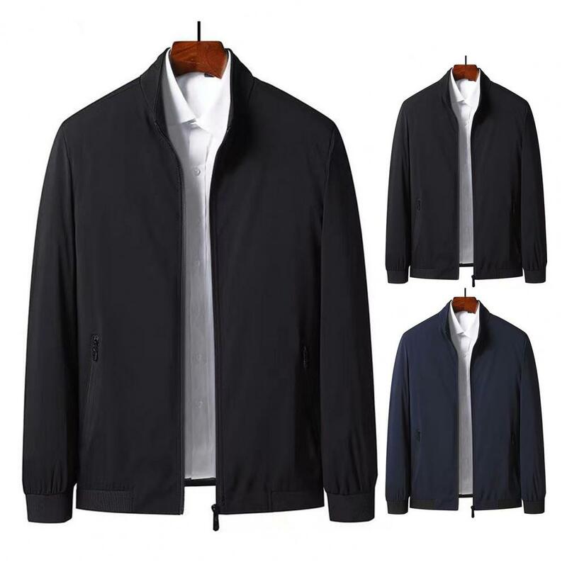 Men Autumn Winter Fleece Lining Jacket Stand Collar Long Sleeve Pockets Coat Solid Color Zipper Placket Thick Warm Outerwear