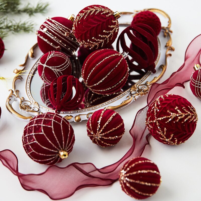 4pcs Sequined Wine Red Flocking Christmas Balls Sparkling 6/8cm Christmas Tree Ornament Balls Various Style Combinations
