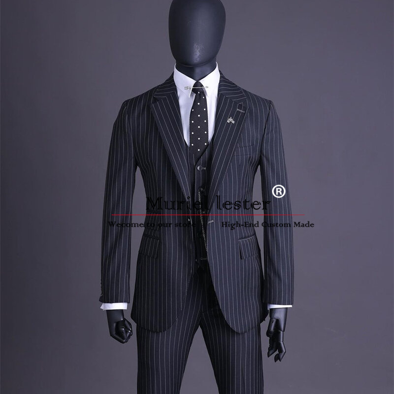 Classic Grey Stripe Wedding Suits For Men Slim Fit Single Breasted Jacket Vest Pants 3 Pieces Business Banquet Prom Blazers Sets