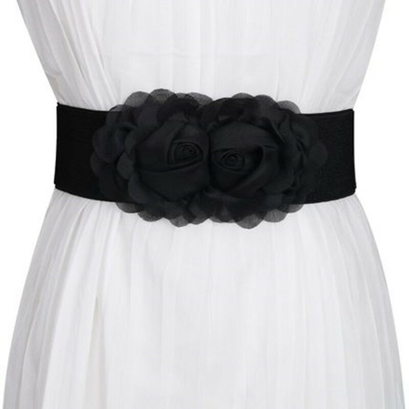 2022 quatro estações de moda linda feminino cinto preto decoração grande flor laço elástico cintura selo capa doce chiffon 60-80cm