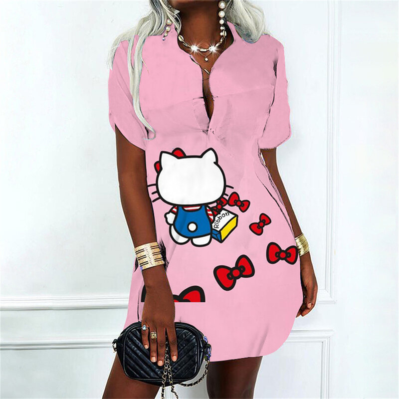 Olá Kitty desenho animado polo camisa vestido para mulheres, roupas femininas, vestidos de festa, streetwear, roupas de verão, linda moda, 2024
