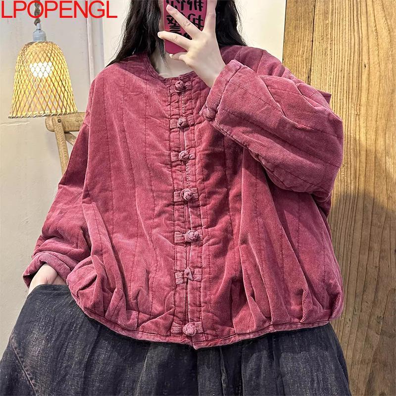 Winter New Vintage Corduroy Streetwear Coat Women's Thick Chinese Style Buckle Warm Single Breasted Solid Color Cotton Jacket