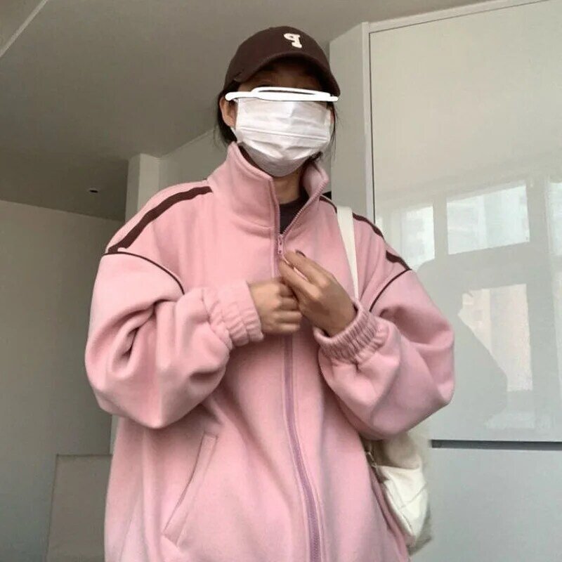 HOUZHOU Sweter Musim Gugur Musim Dingin Ukuran Besar Vintage Hoodie Baseball Preppy Tebal untuk Wanita Harajuku Pakaian Wanita Mode Korea