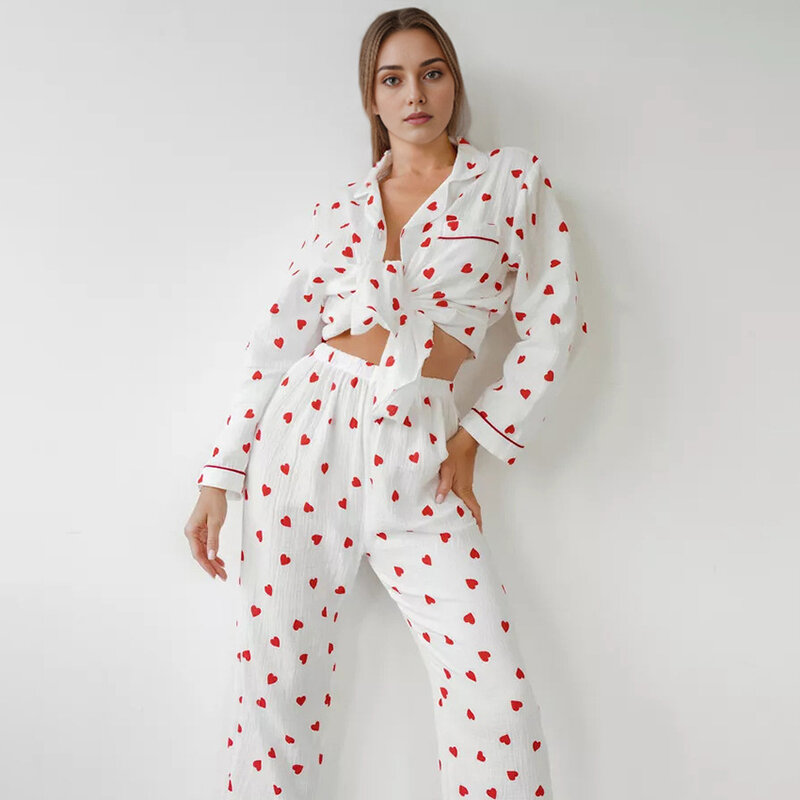 Conjunto de pijamas estampado, 100% algodão, roupa de dormir, conforto, camada dupla, gaze, linda, fofa, pijamas, doce coração, 2 peças