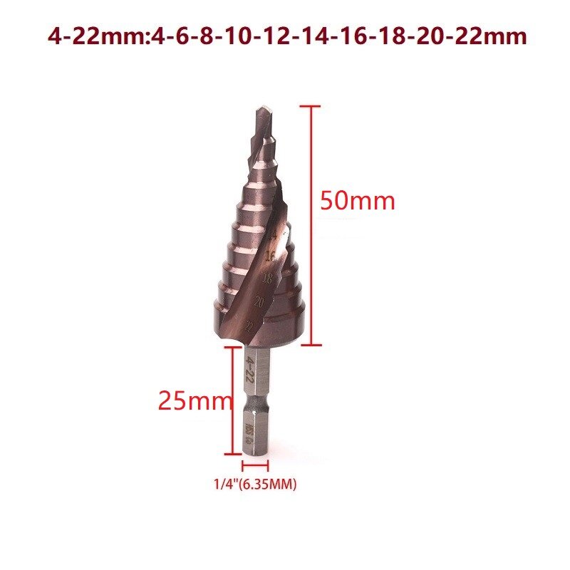 M35 5% 코발트 스텝 드릴 비트, HSS-CO 육각 핸들 콘 금속 드릴 비트, 적합한 피스톨 드릴 브로카, 3-12/4-22/6-24mm, 1 개
