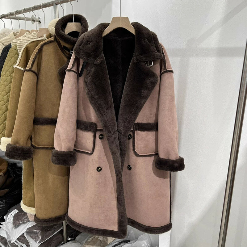 Jaket Suede wanita, jaket panjang tebal, jaket kulit kasual dengan saku dua baris, mantel panjang musim dingin