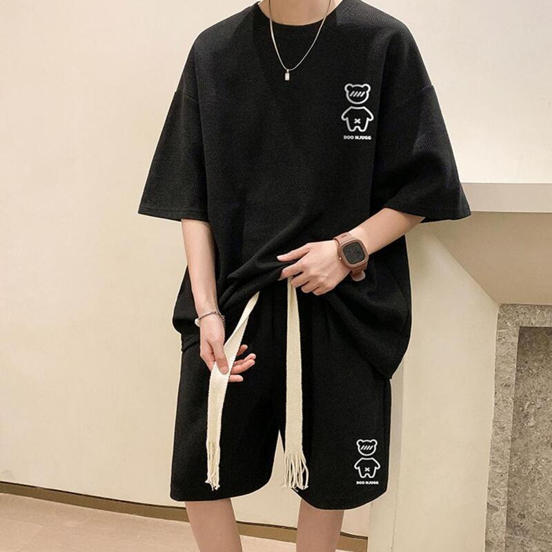 Chic Korean Style Two Piece Suit O Neck Men Summer Tracksuit Drawstring Men Summer Top Shorts Suit Male Clothes