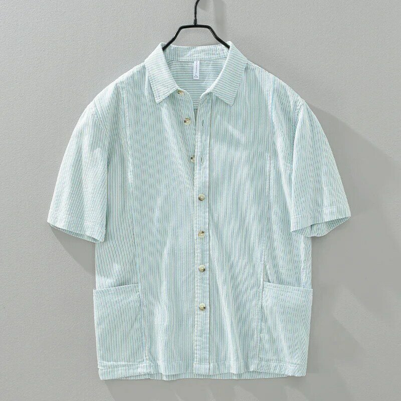 Baumwolle Freizeit hemden Männer lässig Mode gestreiftes Kurzarmhemd Mann lose große Button-up-Shirt
