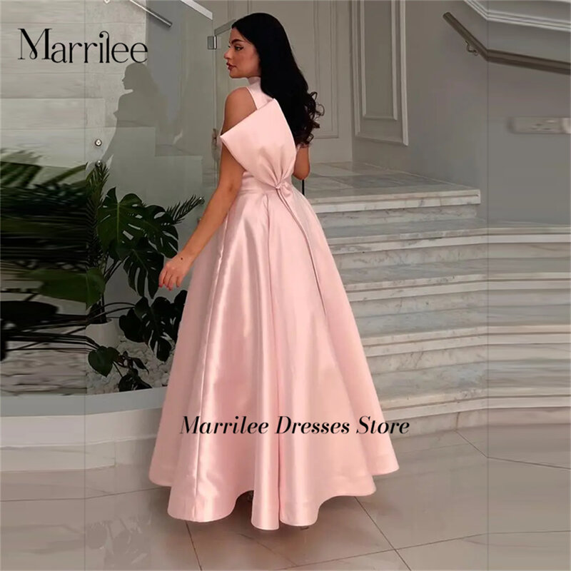 Marrilee gaun malam putri merah muda leher tinggi pita besar noda gaun malam elegan A-Line tanpa lengan panjang lantai berlipat gaun Prom jubah 2024