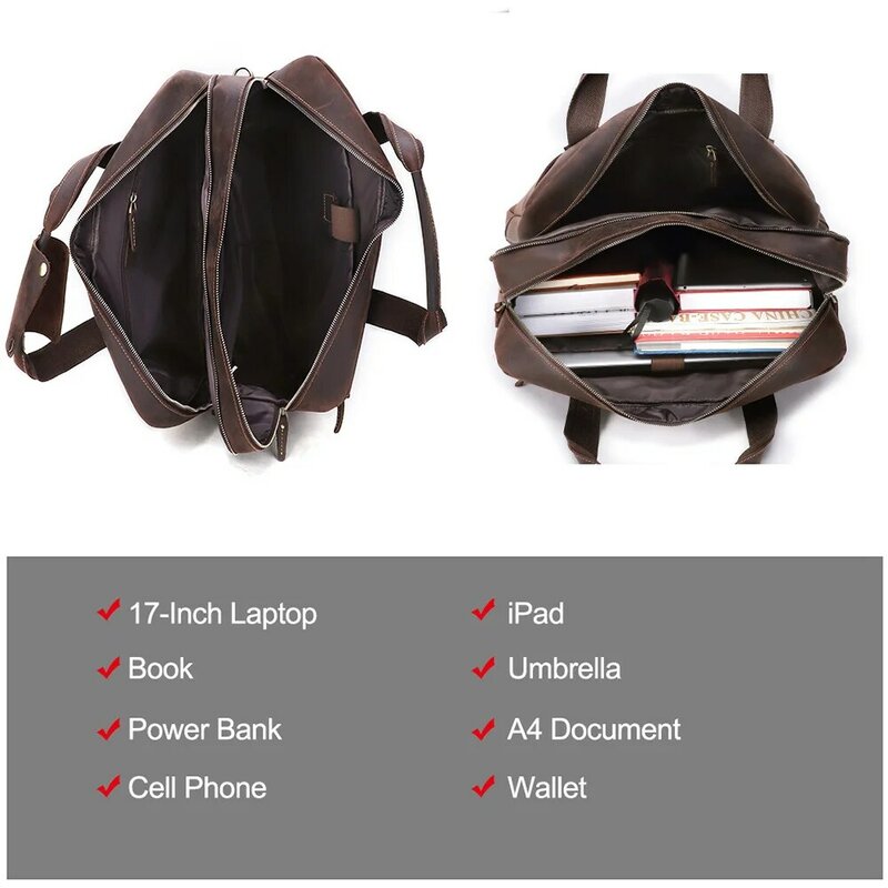 حقيبة جلدية Horse Crazy ، حقيبة كمبيوتر محمول لرجال الأعمال ، حقيبة رسول ، حقيقية 15.6 "17"