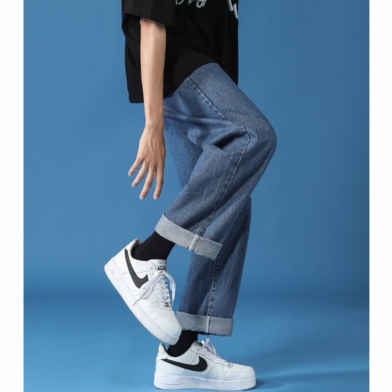 Streetwear Jeans moda uomo Denim tinta unita pantaloni dritti pantaloni estate Casual bottone allentato vita media Jeans gamba larga