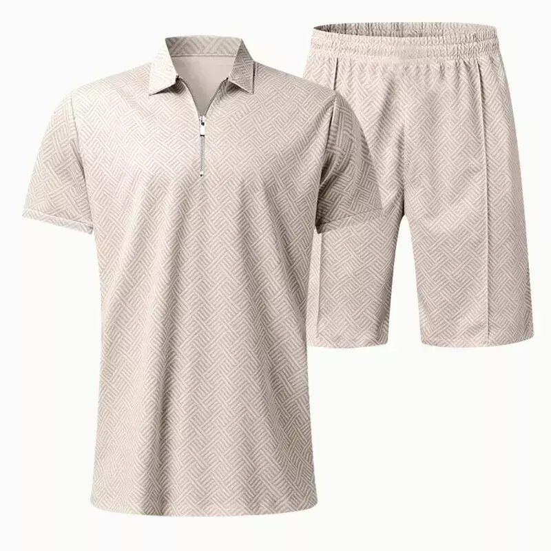 2024 męska letnia nowa moda dwuczęściowy swobodny nadruk jednokolorowy POLO koszula z klapą na zamek elastyczny sportowy garnitur z krótkim rękawem