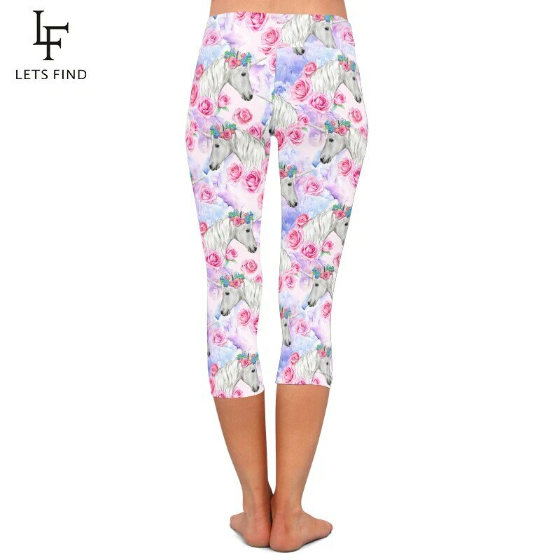 Letsfind novo bonito unicórnios e flores imprimir capri legging cintura alta meados de bezerro 3/4 estiramento macio leggings femininas