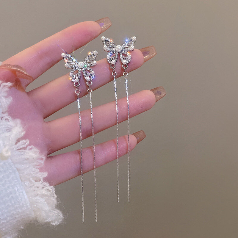 Pendientes de borla de perlas de mariposa de lujo para mujer, diseño único, elegante y delicado, joyería de moda, regalo de fiesta de boda