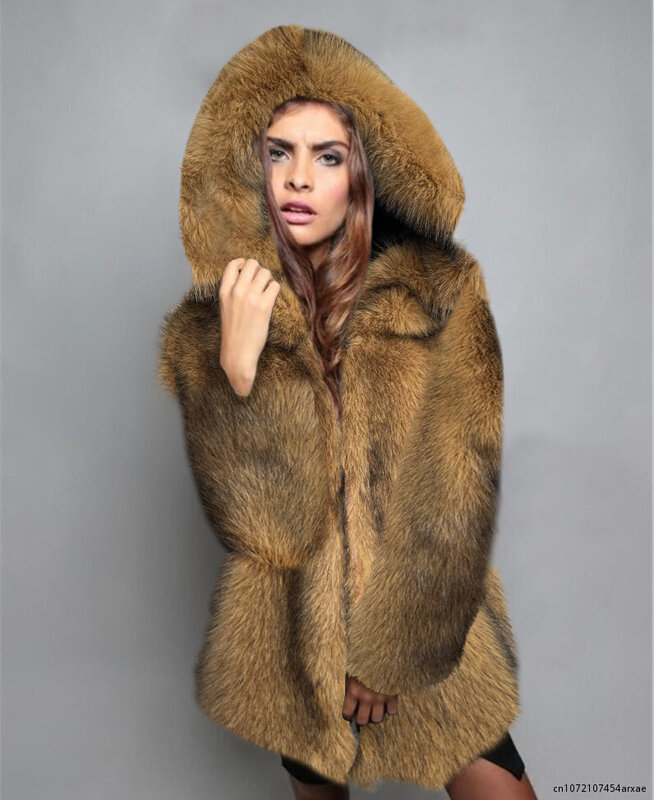 Mantel bulu rubah tiruan wanita, jaket hangat longgar setengah panjang bertudung untuk musim dingin
