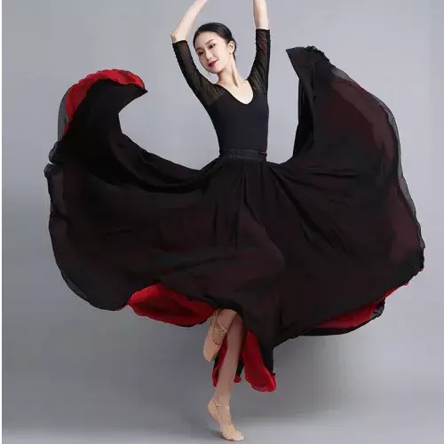 Jupe de danse flamenco en mousseline de soie pour femmes, jupe longue, tenue d'entraînement de séparés euse, jupe de style chinois, grand ourlet, robe de document solide, Louvain, 720