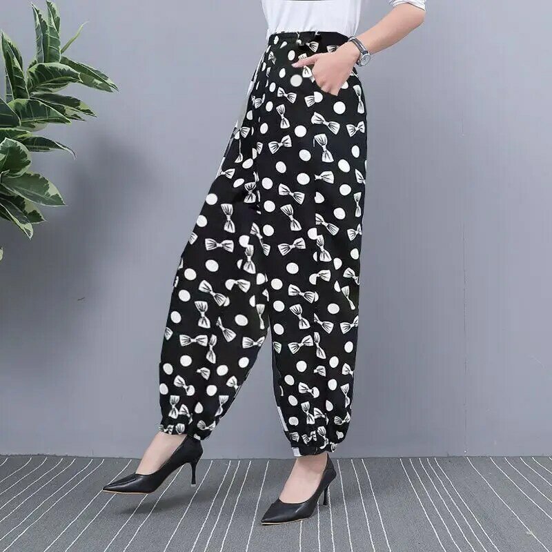 กางเกงเอวยางยืดพิมพ์ลายวินเทจทรงหลวมสำหรับผู้หญิงเสื้อผ้าทรงหลวมโอเวอร์ไซส์พิมพ์ลาย2024