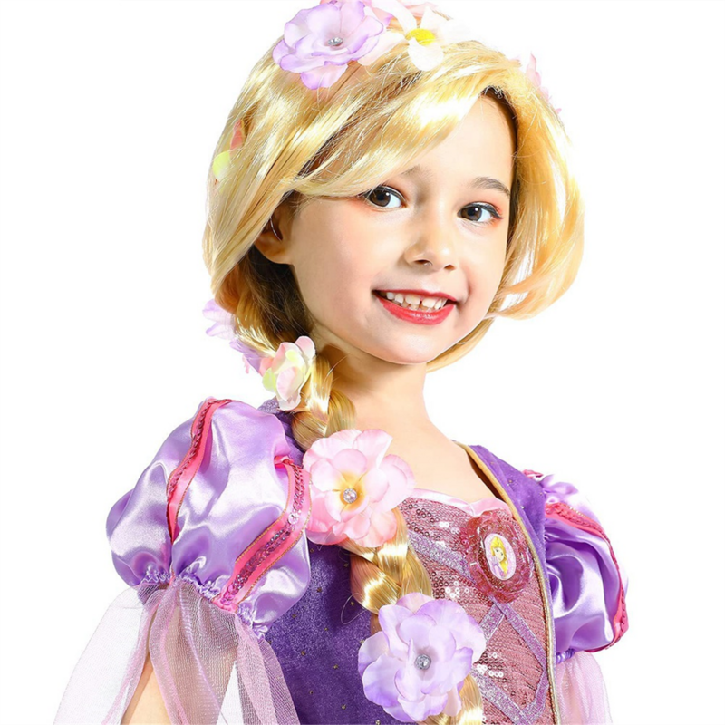 شعر مستعار الأميرة رابونزيل مسحور مع الزهور للفتيات ، جديلة كبيرة ، أداء الأطفال ، حفل كوس