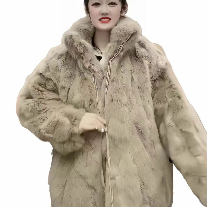 Rex Rabbit Fur Coat for Women, Loose Long Overcoat, Thick Warm Female Clothing, New Fashion, Winter Zipper Jacket, High Quality