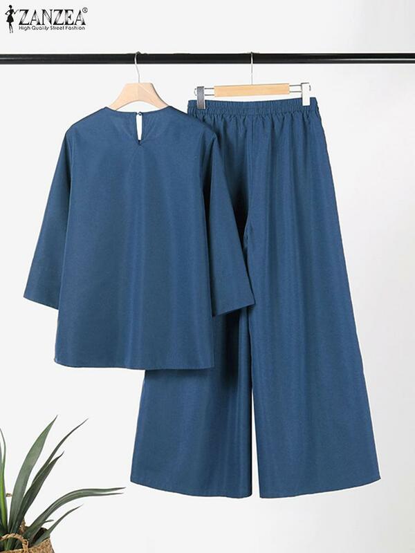 ZANZEA-Conjunto de Blusa de manga larga para mujer, chándal informal con estampado Floral, pantalones de pierna ancha y cintura alta, Estilo Vintage, otoño