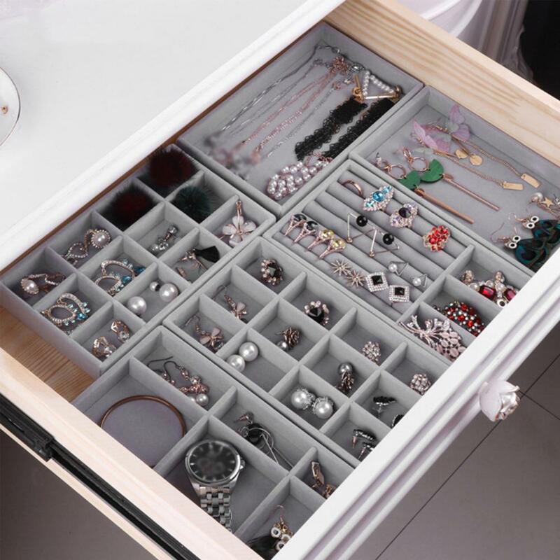 Bandeja organizadora de joyas de terciopelo portátil, anillos y collares de exhibición de caja de almacenamiento, escaparate de joyería con múltiples rejillas, almacenamiento de cajones