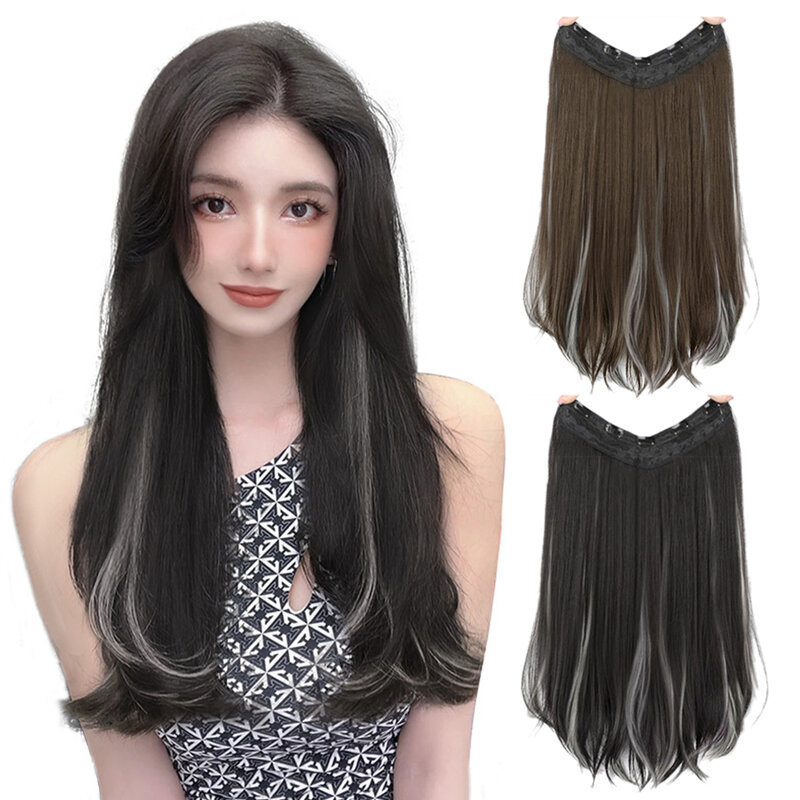 Fêmea fibra sintética peruca de cabelo longo, cabelo falso pedaço, 1 peça, simulação sem costura, extensões do cabelo, destacar tingimento