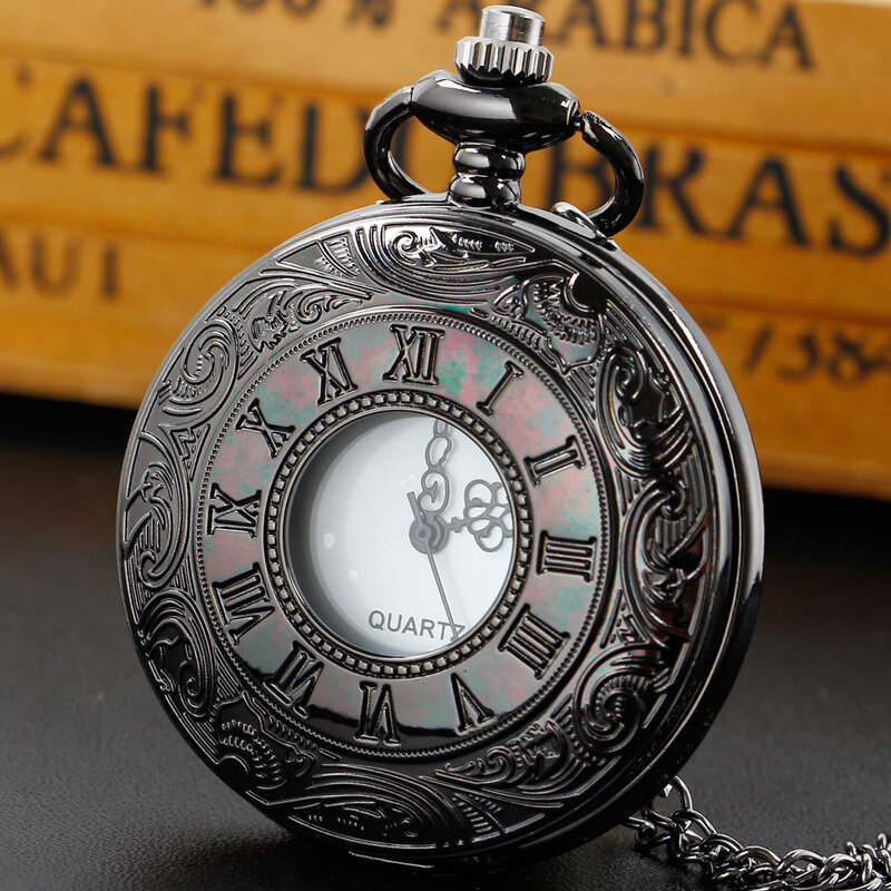 Penjualan laris jam tangan FOB saku Quartz klasik jam tangan saku casing angka Romawi hitam hadiah Souvenir antik