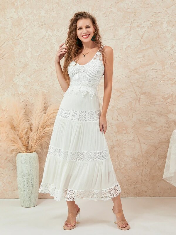 Women Fairycore Lace Sleeveless Backless Ruched Flowy Beach Dress Summer Solid Color Elegant  Long Dress