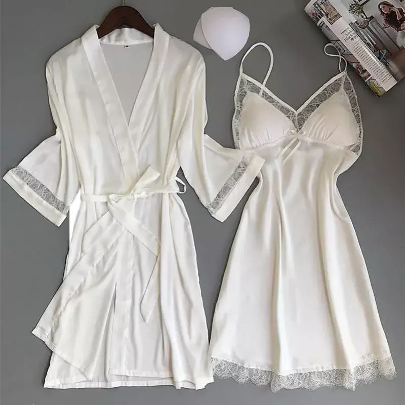 Roupão branco sexy do quimono para mulheres, noiva, dama de honra, conjunto do robe do casamento, guarnição do laço, sleepwear elegante, roupa ocasional home, pijamas, novo