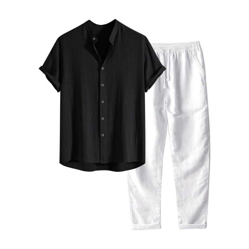 Setelan kaus celana Harajuku pria, atasan kaus kasual warna polos lengan pendek kerah berdiri musim panas