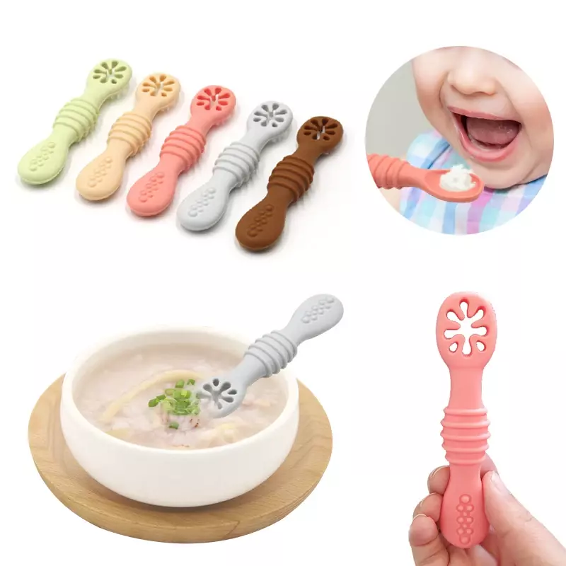 1 buah indah bayi belajar sendok peralatan Set menggemaskan balita peralatan makan bayi silikon Teether mainan bayi sendok makan pelatihan