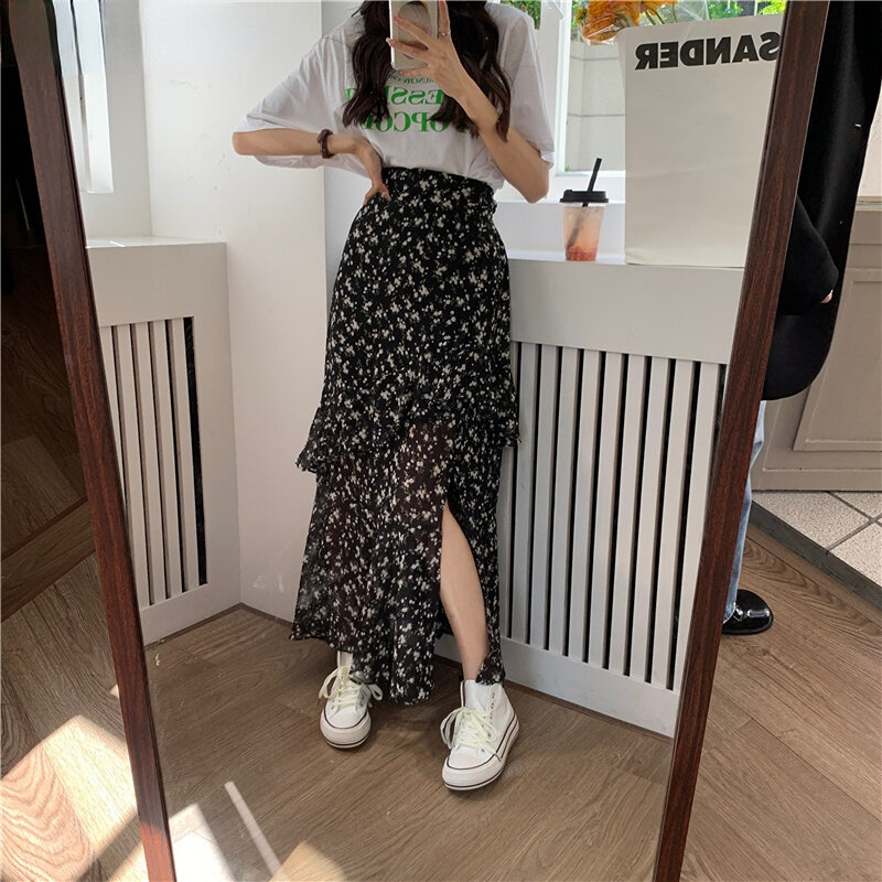 Skirts Women Floral Side-slit Basic Design Girlish Sweet Feminino A-line Summer Elegant Korean Fashion All-match Students Daily