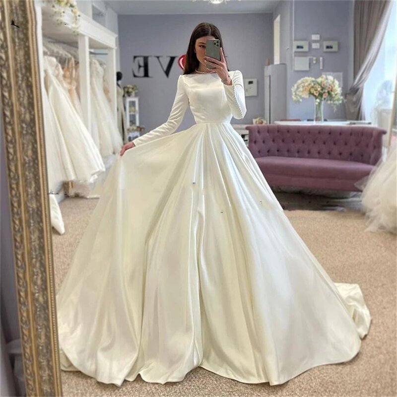 Wedding Dresses O-Neck A-Line Cap Sleeves With Buttons Bridal Gowns Princess Muslim Solid Bride Dress  Ivory Vestido De Novia