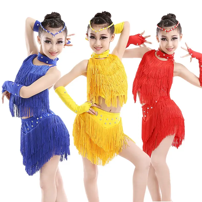 Girls Tassel Dance Dress Latin Salsa Dance Wear Party Costume Stage Performance Outfit Rumba Cha Cha Samba Tango Skirt Girl
