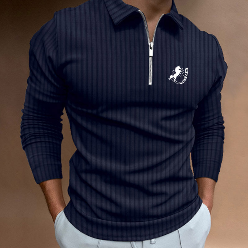 New Trending Men Long Sleeve Casual Print Stripe Zipper Polo Shirt Men Golf Polo Shirt .