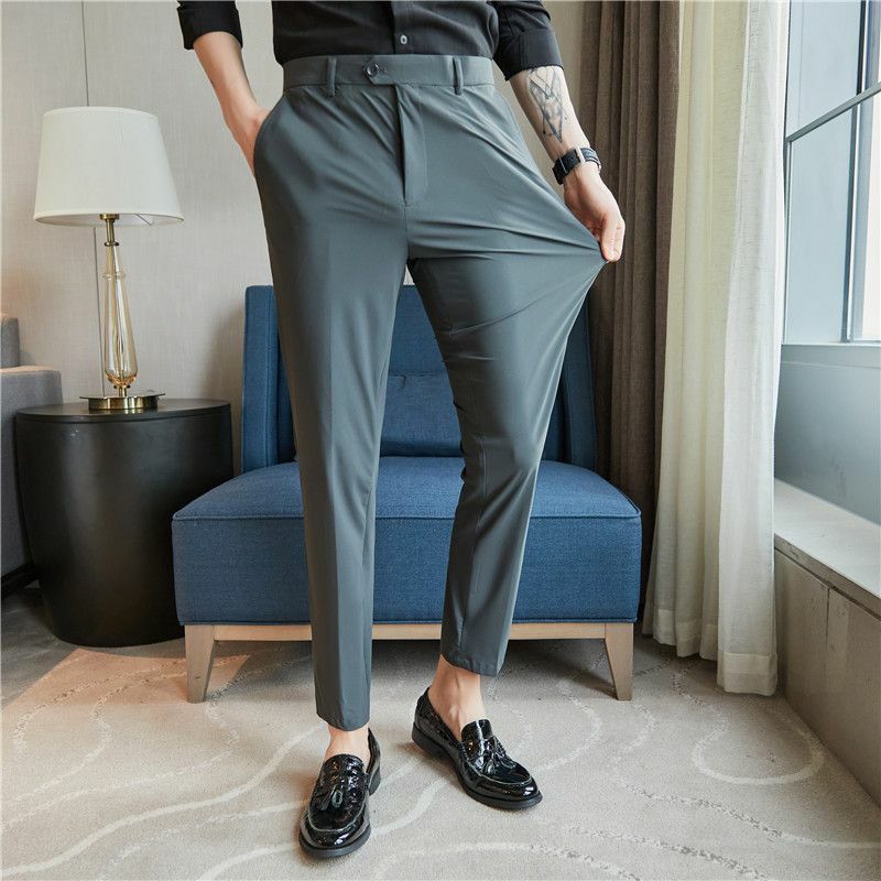 Fashion Men Slim Fit Dark Gray Smart Casual Suit Pants Spring Summer New Ice Silk High Elasticity Business Cropped Trousers 2024