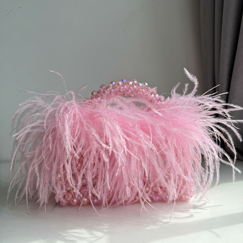 Pérola grânulo saco com pena de avestruz designer marca transparente acrílico cristal pedra caixa tote bolsa feminina artesanal festa bolsa